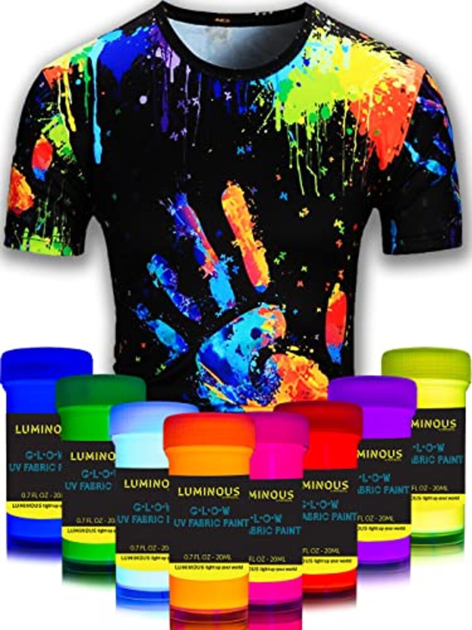 Fabric Paint for Clothes - Set of 8 Neon Colors, 20ml Each, Black Light Glow in the Dark, Ideal for Clothes, Textiles, and Canvas, Great Gifts for Artists